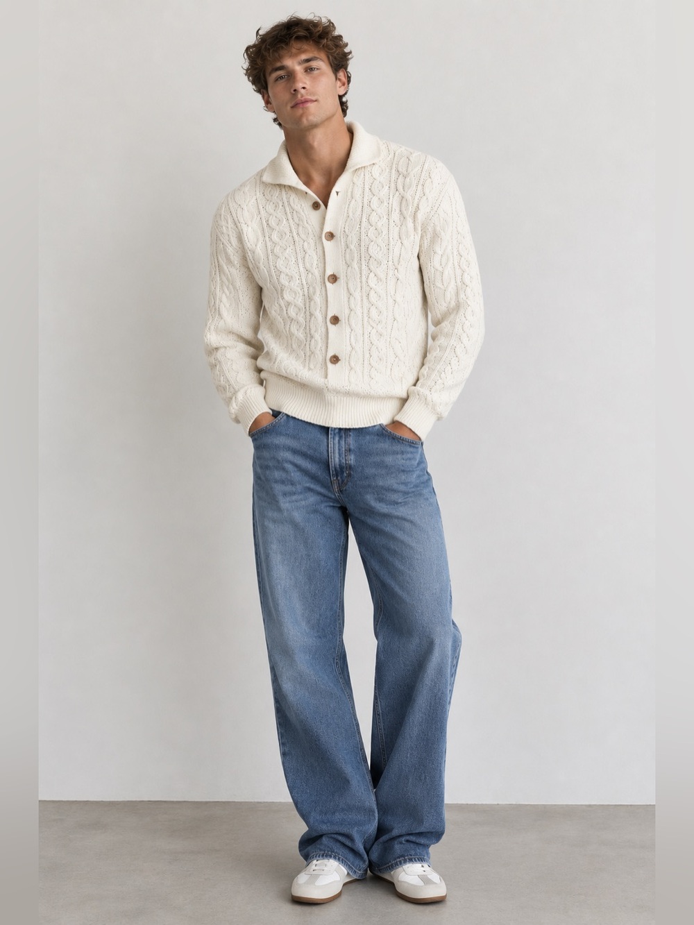 Vtg Weathervane Sweater Mens M Cream Fisherman Long Sleeve 3D Knit Grandpa 90s